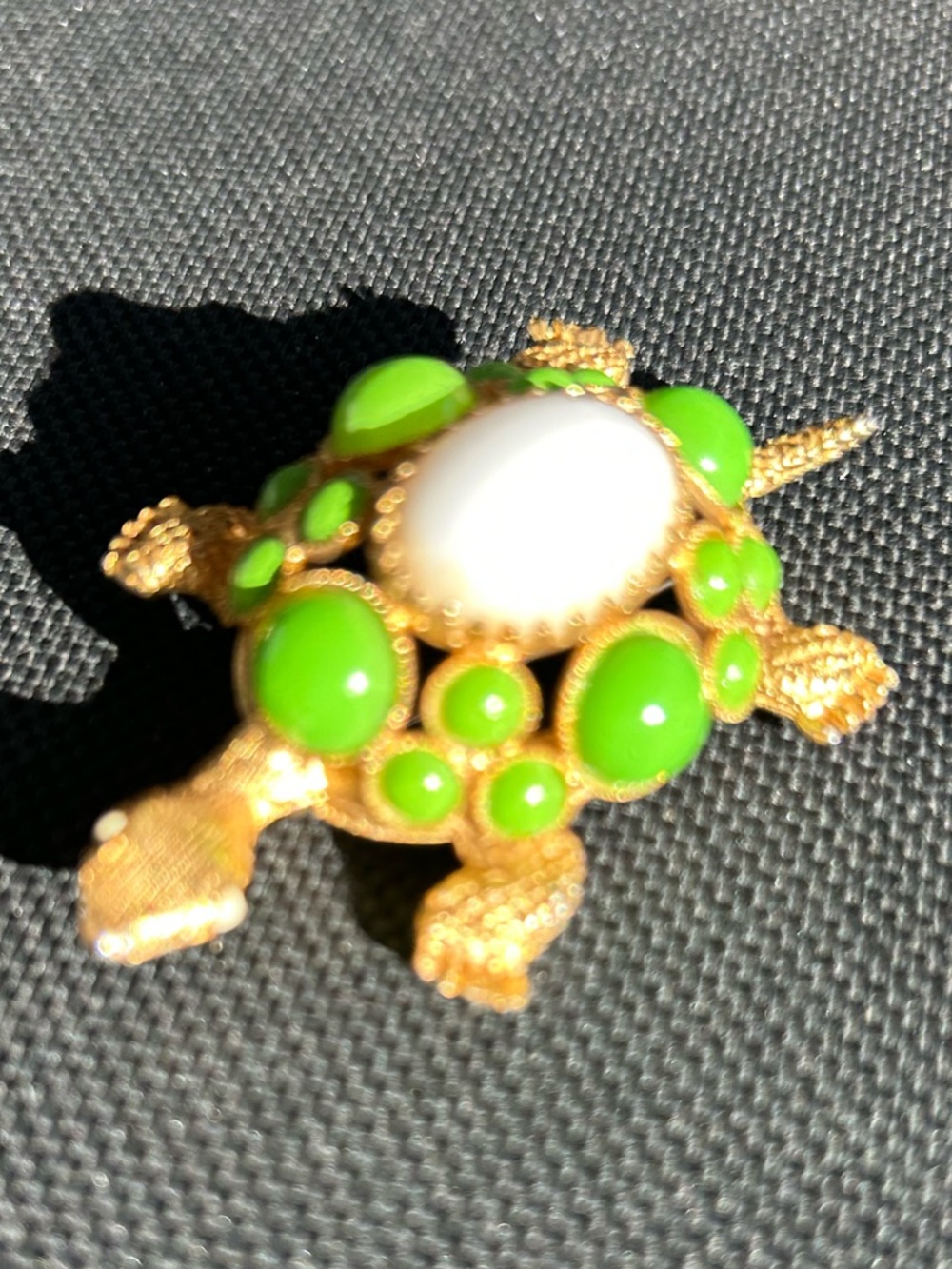 Vintage K.J.L. Gold-Tone Turtle 🐢 Brooch with Green and White Cabochons